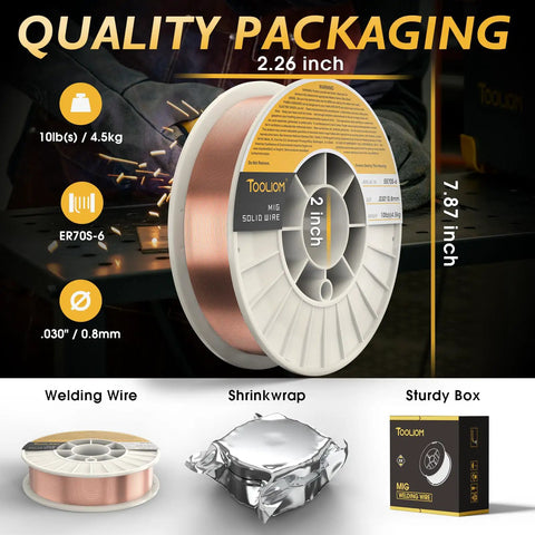 0.030 Inch ER70S-6 MIG Welding Wire 10Lb Spool For Solid Carbon Steel shown with packaging details.