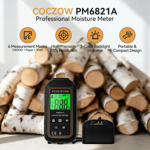 Handy Dual Probes Moisture Meter With Battery Included And Real Time LCD Display For Quick Accurate Readings In Wood Plywood Paper Plaster Walls And Floors, shown with logs