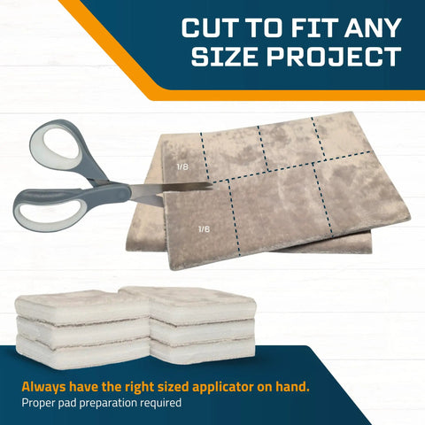 Cut To Size Staining Pads 2 Pack With Micro Brush Material For Wood Stains And Oil Based Finishes, shown with scissors for cutting.