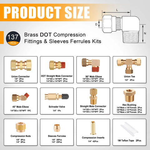 Brass DOT compression fittings assortment kit, 137 pcs, includes union connectors, elbows, tees, Schrader valve