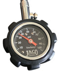 JACO Deluxe Tire Pressure Gauge, front view; black housing with 0-100 psi dial and red indicator