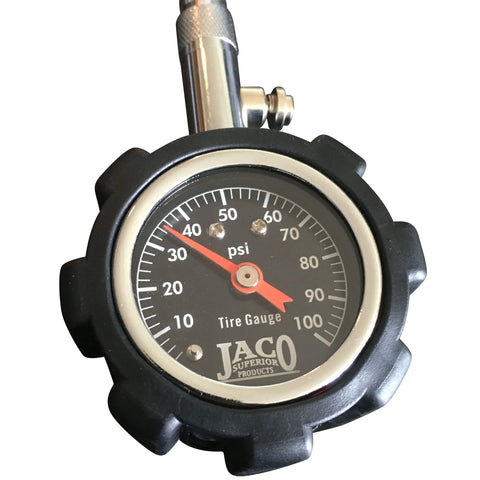 JACO Deluxe Tire Pressure Gauge, front view; black housing with 0-100 psi dial and red indicator