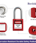 Red safety padlock with stainless-steel shackle, non-slip design, waterproof labels, part of the Lockout Tagout Station Wall Mount Board For Ten Safety Locks Go-To LOTO Storage For Maintenance Teams With Included Padlock Easy Access Lockout System Holder Durable Industrial Grade Organizer For Safe Efficient Lockouts