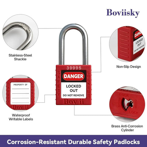 Heavy Duty Lockout Tagout Station Kit With 7 Safety Padlocks, highlighted stainless steel shackle and brass cylinder features.