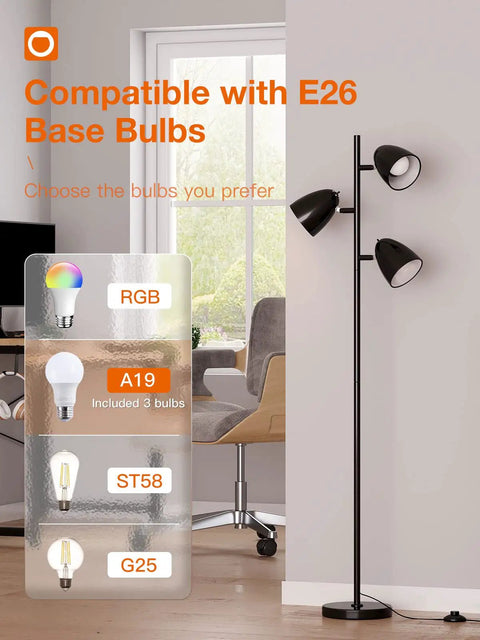Room with Three 9W LED Bulbs Included Floor Lamp With 3 Adjustable Rotating Heads, Tall Standing Pole Lamp For Living Room