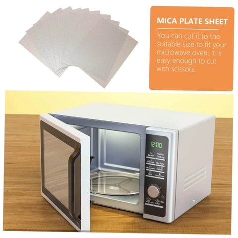 Mica Sheet Microwave Waveguide Cover Kit 12 Piece Heat Resistant Insulation Plate shown with microwave and cut instructions