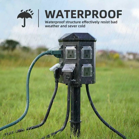 Outdoor Remote Control Power Strip With 100 Foot Waterproof Extension Cord And Six Independently Controlled Grounded Outlets For Outdoor Decor, 14 AWG Heavy Duty 15A 1875W ETL Listed, installed on grass in rain