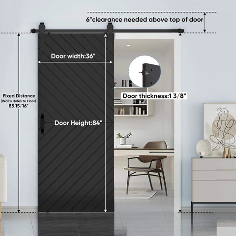 36-Inch By 84-Inch Sliding Barn Door With Modern Style, 6-Foot Hardware Kit Included, shown installed in living space