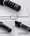 Leather Cord Knife Craft Kit With Three Replaceable Blades showing ring buckle removal for blade installation.