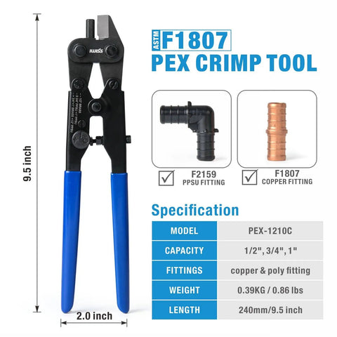 All In One PEX Crimp Tool Kit With Quick Change Jaws For 3/8 In, 1/2 In, 3/4 In, 1 In PEX Tubing, features copper and PPSU fittings.