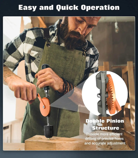 Man using Hand Drill With Keyless Chuck Three Eighths Inch Capacity Cast Steel Body 13-Piece Bit Set on wood