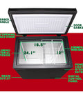 Open DEMULLER 3.5 cu ft deep freezer chest, black exterior, aluminum interior, two removable wire baskets, digital panel
