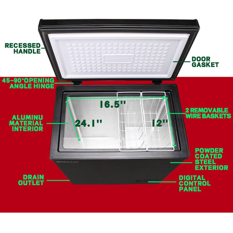 Open DEMULLER 3.5 cu ft deep freezer chest, black exterior, aluminum interior, two removable wire baskets, digital panel