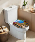 Elongated Mediterranean Coastal Village Colorful Flowers Toilet Seat on a white toilet with a modern bathroom setting.