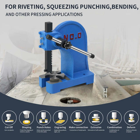Heavy Duty 0.5 Ton Cast Iron Desktop Arbor Press For Riveting And Hole Punching displayed on a workbench with application icons
