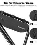 Image of a waterproof bike frame bag under top tube triangle pouch, 3L capacity, rugged 840D nylon with zipper tips illustration.