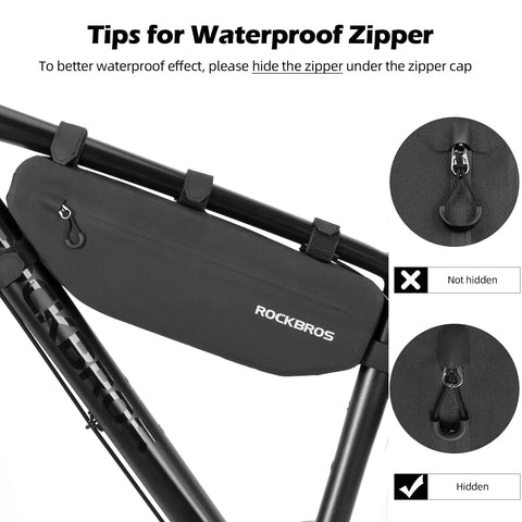 Image of a waterproof bike frame bag under top tube triangle pouch, 3L capacity, rugged 840D nylon with zipper tips illustration.