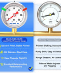 Comparison of stainless steel glycerin filled pressure gauge vs dry gauge, highlighting features like stability and waterproofing