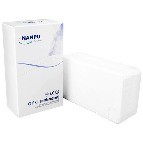 NANPU pneumatic F.R.L. box in front view with white foam packing block