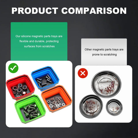 Product comparison of collapsible magnetic parts trays with dual sided magnetic base and metal trays with scratches