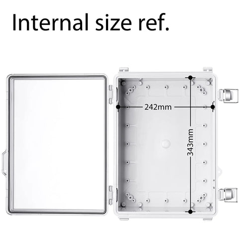 Internal view of IP67 Waterproof Junction Box Enclosure For Outdoor Electrical Projects With Hinged Grey Cover, dimensions shown.