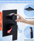 Display of matte black shower faucet set with 10 inch rainfall shower head, wall mounted fixtures with valve and trim kit