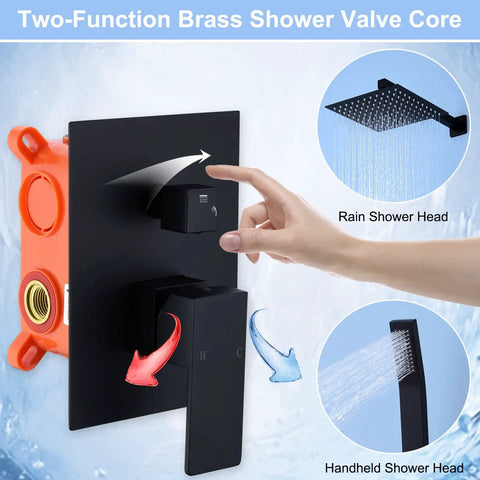 Display of matte black shower faucet set with 10 inch rainfall shower head, wall mounted fixtures with valve and trim kit