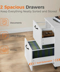 Two Drawer Filing Cabinet In White With Rolling Wood Design, Printer Stand And Under Desk Storage, Lockable Wheels, Open Drawers