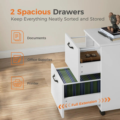 Two Drawer Filing Cabinet In White With Rolling Wood Design, Printer Stand And Under Desk Storage, Lockable Wheels, Open Drawers