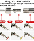 Diagram showing Heavy Duty Angle Grinder to Die Grinder Adapter 5/8-11 to 1/4 Inch and 1/8 Inch Collets for rotary burrs, parts labeled.
