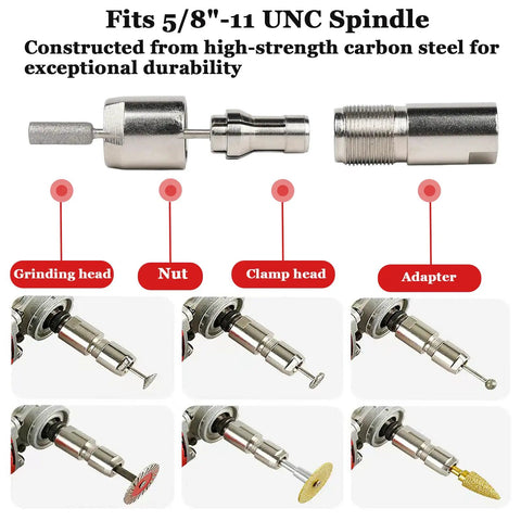 Diagram showing Heavy Duty Angle Grinder to Die Grinder Adapter 5/8-11 to 1/4 Inch and 1/8 Inch Collets for rotary burrs, parts labeled.