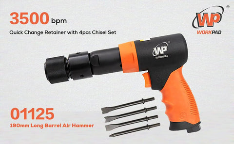 Long Barrel Air Hammer With Quick Change Chisel Retainer And 4 Piece Chisel Set, 3500 BPM Pneumatic Tool for Metalworking