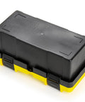 16 Inch Plastic Toolbox With Handle Portable Toolbox With Removable Tray And Lockable Design Built Tough For Home Workshop Or Garage With Small Parts Box In Black And Yellow, top view.
