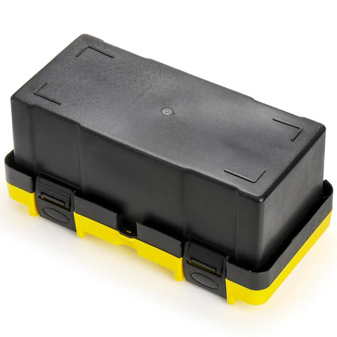 16 Inch Plastic Toolbox With Handle Portable Toolbox With Removable Tray And Lockable Design Built Tough For Home Workshop Or Garage With Small Parts Box In Black And Yellow, top view.