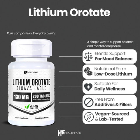 Lithium Orotate Supplement 130 Mg Per Tablet 200 Vegetarian Tablets High Bioavailability Trace Mineral For Mood Brain And Memory Support Non GMO Gluten Free Made In USA bottle front view