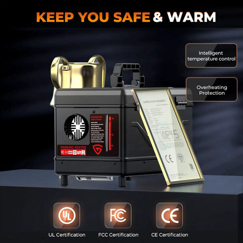 Portable Diesel Parking Heater 12V And 24V Dual Voltage 8Kw Heavy Duty Toolbox Design, showing intelligent controls and safety certifications.