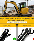 Comparison of thumb cylinder styles for mini excavators, featuring a single hole option as compatible for 25 Millimeter Hydraulic Thumb Cylinder For Mini Excavators Up To 3 Tons With Single Hole Thumb Clip Compatible Replacement Accessory Heavy Duty Precision Engineered For Smooth Digging And Rugged Performance. Background shows a mini excavator on a construction site.