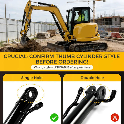 Comparison of thumb cylinder styles for mini excavators, featuring a single hole option as compatible for 25 Millimeter Hydraulic Thumb Cylinder For Mini Excavators Up To 3 Tons With Single Hole Thumb Clip Compatible Replacement Accessory Heavy Duty Precision Engineered For Smooth Digging And Rugged Performance. Background shows a mini excavator on a construction site.