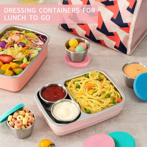 Six Pack Two Point Four Ounce Stainless Steel Dressing Containers With Silicone Lids Leakproof And Reusable Condiment Jars