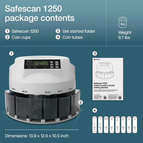 Fast USD Coin Counter And Sorter That Quickly Value Counts Mixed Denominations And Sorts By Denomination Continuous Money Counting Machine package contents.