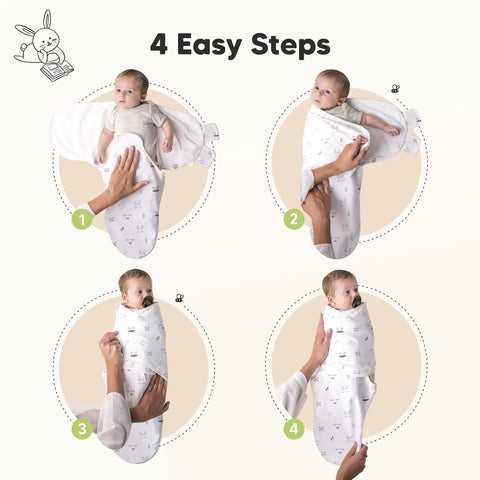 4-step process for wrapping a baby in Organic Baby Swaddles 3 Pack for Newborns and Infants 3 to 6 Months Nordic Style Cozy Ergonomic Hip Support