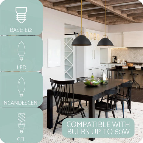 16-Inch 3-Light Modern Farmhouse Pendant Light with metal dome shade over dining table, golden brass and sandblasted black finish.