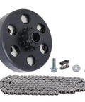 Centrifugal Clutch Set For Go Kart Mini Bike With Five Eighths Bore Twelve Tooth Sprocket And Hardware Kit With Number 35 Chain Fits Predator 212cc And Two To Six Point Five HP Engines Honda Clone Briggs Tecumseh product image showcasing black clutch, hardware, and chain on white background.