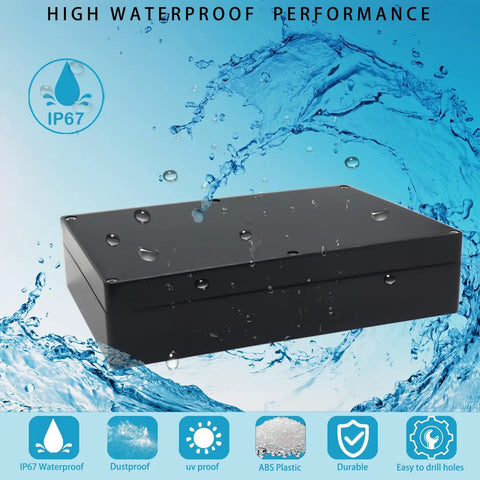 Heavy Duty IP67 Waterproof Junction Box Made From Tough ABS Plastic Electronic Enclosure For DIY Electrical Tasks Indoor Or Outdoor Black Case with water splashes around it.