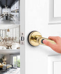 Hand using 4 In 1 Keyless Entry Smart Lock With Fingerprint, Passcode, Mechanical Keys, And Bluetooth App For iOS And Android on a white door.