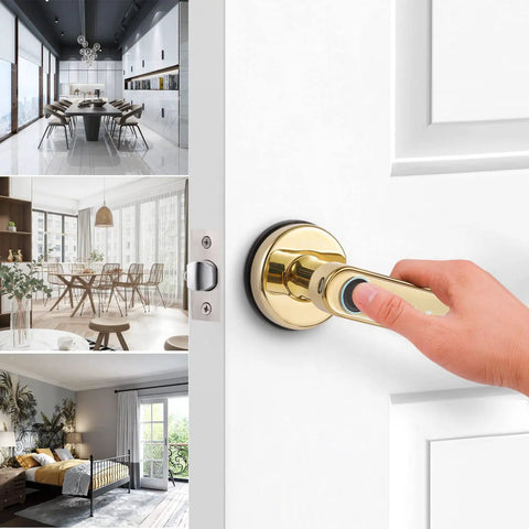 Hand using 4 In 1 Keyless Entry Smart Lock With Fingerprint, Passcode, Mechanical Keys, And Bluetooth App For iOS And Android on a white door.