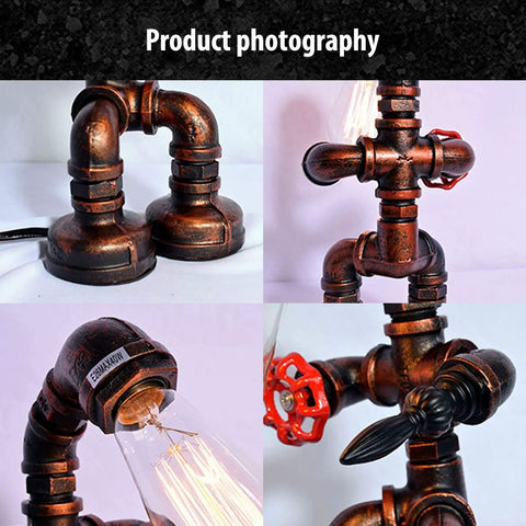 Steampunk Robot Pipe Desk Lamp With Vintage Industrial Edison Lighting, Bronze Metal Finish, Red Valve close-up details