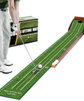 Indoor Golf Putting Green Mat For Home Practice With Auto Ball Return Portable And Easy To Set Up Wrinkle Free Natural Rubber Surface With Solid Wood Base Great For Offices And Living Rooms; a golfer practicing on the mat.