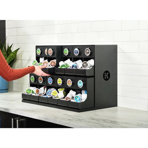 12 Count Modular Merchandiser For Coffee Stations With Slim Space Saving Design and easy access dispense bin on counter.