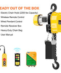 Heavy One Ton Electric Chain Hoist Delivering Two Thousand Two Hundred Pounds Of Serious Lifting Power With Twenty Foot Vertical Rise On One Hundred Ten Volt Single Phase Circuit Featuring A Killer Three Twenty Eight Foot Wireless Remote For No Sweat Day with controls and components displayed.